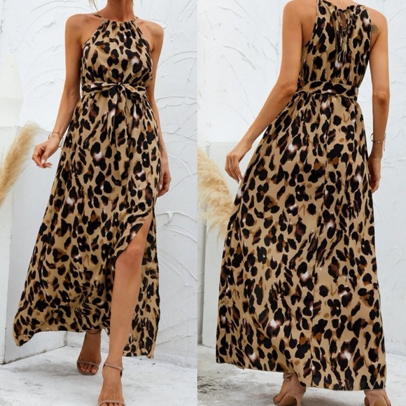 Boho green  leopard print halter maxi dress - Picture 8 of 9